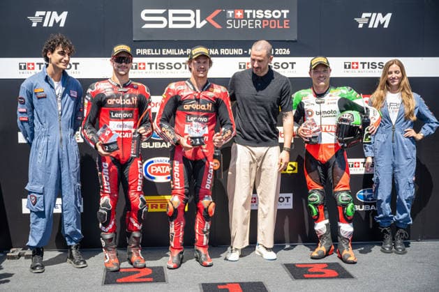 IPA85638969 - Superpole podium: Nicolo Bulega (ITA), Iker Lecuona (ESP), and Sam Lowes (ENG) – SUPERBIKE Pirelli Emilia Romagna Round. At the Misano World Circuit Marco Simoncelli in Misano Adriatico, RN, Italy. On June 13, 2026.  Copyright: xRiccardoxSpadettoxDexPaulis IPAxSportx xx 85638969