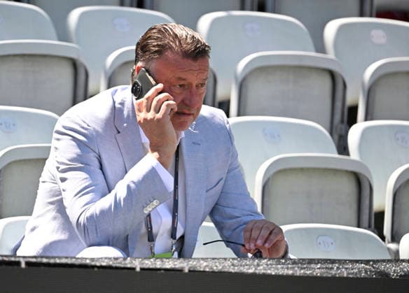 on the tribune Tournament director Edwin Weindorfer on his cell phone Smartphone Tennis Men BOSS Open ATP 250 Stuttgart 2026 Weissenhof BOSS Open ATP 250 Stuttgart 2026