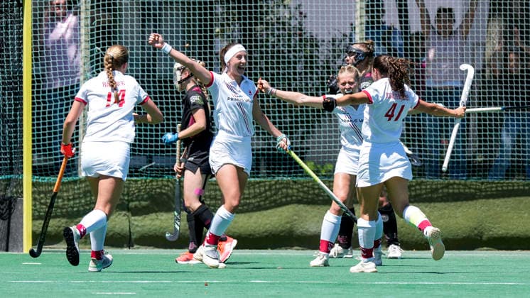 from left Linn Häffner TSVMH, 14 , goal scorer Johanna Mühl TSVMH, 8 , Lotte Nafzger TSVMH, 26 , Kira Elena Schanzenbecher TSVMH, 41, captain , players from TSV Mannheim Hockey, celebrate the goal to 2 0, cheer, goal celebration, goal success, celebrate the goal, goal, celebration, cheers about the goal, rejoicing, joy, happy, optimistic, positive, game scene, highlight, action, action, 13 06 2026, Mannheim Germany , Hockey, 2 Bundesliga, Group South, Women, TSV Mannheim HC Ludwigsburg xozx