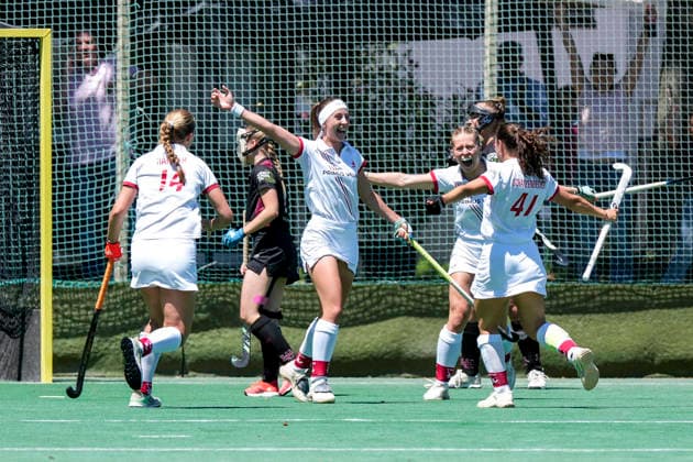 from left Linn Häffner TSVMH, 14 , goal scorer Johanna Mühl TSVMH, 8 , Lotte Nafzger TSVMH, 26 , Kira Elena Schanzenbecher TSVMH, 41, captain , players from TSV Mannheim Hockey, celebrate the goal to 2 0, cheer, goal celebration, goal success, celebrate the goal, goal, celebration, cheers about the goal, rejoicing, joy, happy, optimistic, positive, game scene, highlight, action, action, 13 06 2026, Mannheim Germany , Hockey, 2 Bundesliga, Group South, Women, TSV Mannheim HC Ludwigsburg xozx
