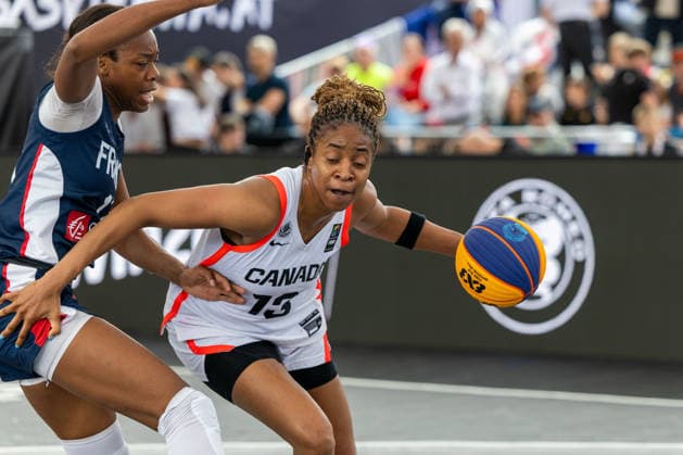BASKETBALL - FIBA 3x3 World Tour VIENNA,AUSTRIA,13.JUN.26 - BASKETBALL - FIBA 3x3 World Tour. Image shows Myriam Djekoundade (FRA) and Merissah Russell (CAN).  GEPAxpictures xPhilippxBrem