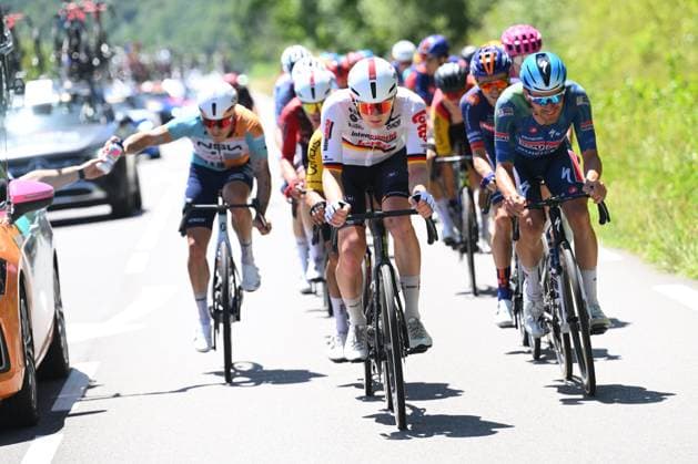 Tour Auvergne - Rhone-Alpes 2026 Stage 7 GRAND COLOMBIER, FRANCE - JUNE 13 : Zimmerman Georg (GER) of Lotto Intermarche during stage 7 of the 78th edition of Tour Auvergne - Rhone-Alpes an UCI World Tour 2.UWT cycling road race stage for Men Elite of 133.6 km with start in La Bridoire and finish in Grand Colombier on June 13, 2026 in Grand Colombier, France, 13 06 2026 ( Motordriver Guy De Vuyst - Grand Colombier France  Copyright: xVincentxKalutx