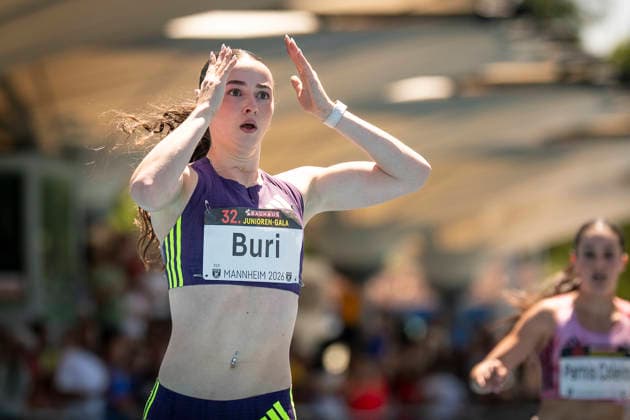 MANNHEIM, GERMANY - JUNE 13, 2026 : Xenia Buri (SUI Switzerland) runs a 11,14 in the 100m and reacts during the Juniorengala 2026 at Michael-Hoffmann-Stadion on June 13, 2026 in Mannheim, Germany. Baden-Wuerttemberg Germany Copyright: xAxelxKohringx