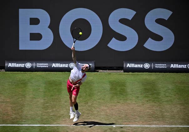 Alexander Bublik KAZ action serve in the background perimeter advertising logo BOSS Tennis Men BOSS Open ATP 250 Stuttgart 2026 Weissenhof BOSS Open ATP 250 Stuttgart 2026