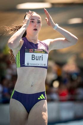 MANNHEIM, GERMANY - JUNE 13, 2026 : Xenia Buri (SUI Switzerland) runs a 11,14 in the 100m and reacts during the Juniorengala 2026 at Michael-Hoffmann-Stadion on June 13, 2026 in Mannheim, Germany. Baden-Wuerttemberg Germany Copyright: xAxelxKohringx