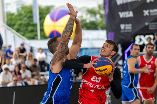 BASKETBALL - FIBA 3x3 World Tour VIENNA,AUSTRIA,13.JUN.26 - BASKETBALL - FIBA 3x3 World Tour. Image shows Dorde Simeunovic (Liman) and Lazar Kova?evic (Crvena Zvezda).  GEPAxpictures xPhilippxBrem
