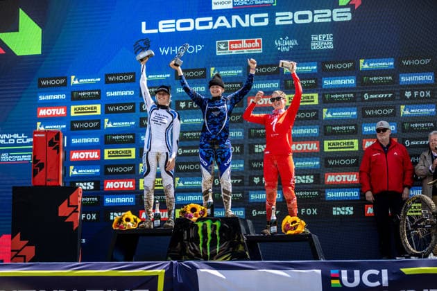 Whoop UCI Mountain Bike World Series Leogang Downhill Podium OSTGAARD Aletha CANYON DH RACING,FRENER Lina NORCO X ADIDAS RACE DIVISION,JENSEN Rosa Marie SPECIALIZED GRAVITYat Whoop UCI Mountain Bike World Series Leogang Downhill, 13 06 2026,in Leogang,AUT Photo Sebastian Sternemann