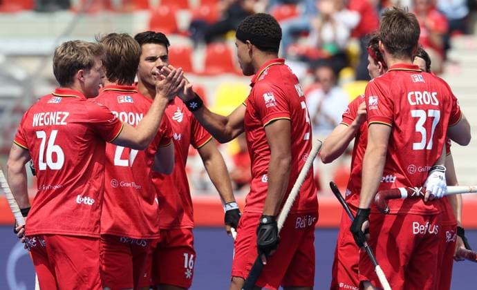 Belgium s Nelson Onana celebrates after scoring during a hockey game between Belgian national team, Nationalteam Red Lions and Pakistan, Saturday 13 June 2026 in Ottignies-Louvain-la-Neuve, match 9 16 in the group stage of the men s FIH Pro League competition. VIRGINIExLEFOUR  x177500859x
