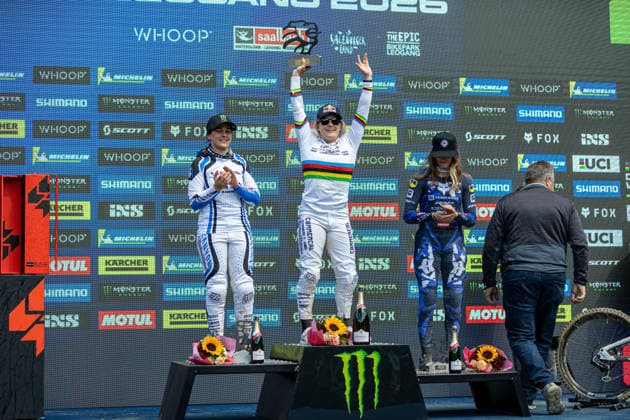Whoop UCI Mountainbike World Series Leogang Downhill CABIROU Marine CANYON DH RACING, HÖLL Valentina COMMENCAL SCHWALBE BY LES ORRES, NEWKIRK Anna FRAMEWORKS RACING TRPat Whoop UCI Mountainbike World Series Leogang Downhill, 13 06 2026,in Leogang,AUT Photo Sebastian Sternemann