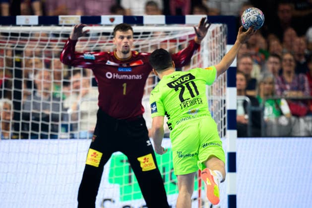 Cologne, Germany Handball EHF CL Final 4 Semifinal SC Magdeburg Fuechse Berlin Goalkeeper Sergey Hernandez Ferrer SC Magdeburg , Tim Freihöfer Freihoefer Berlin , Hylo Koeln Lanxess Arena Nordrhein Westfalen Germany