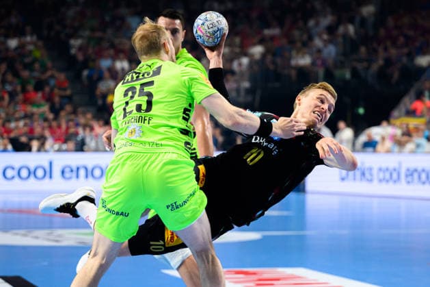 Cologne, Germany Handball EHF CL Final 4 semi-final SC Magdeburg Fuechse Berlin from left Matthes Langhoff Berlin and Gisli Thorgeir Kristjansson SC Magdeburg Cologne Lanxess Arena Nordrhein Westfalen Germany