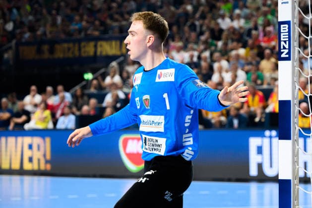 Cologne, Germany Handball EHF CL Final 4 Semi-Final SC Magdeburg Fuechse Berlin Goalkeeper Lasse Ludwig Berlin Cologne Lanxess Arena North Rhine-Westphalia Germany
