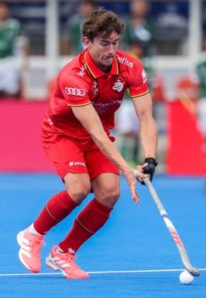 Belgium s Maxime Van Oost pictured in action during a hockey game between Belgian national team, Nationalteam Red Lions and Pakistan, Saturday 13 June 2026 in Ottignies-Louvain-la-Neuve, match 9 16 in the group stage of the men s FIH Pro League competition. VIRGINIExLEFOUR  x177504628x