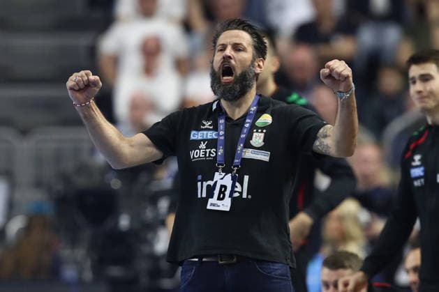 13 06 2026, xtgx, handball, EHF Champions League semi-final, SC Magdeburg Füchse Berlin v l Bennet Wiegert Magdeburg, coach cheers, goal celebration, celebrate the goal, celebration Koeln