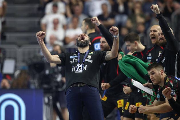 13 06 2026, xtgx, handball, EHF Champions League semi-final, SC Magdeburg Füchse Berlin v l Bennet Wiegert Magdeburg, coach cheers, goal celebration, celebrate the goal, celebration Koeln
