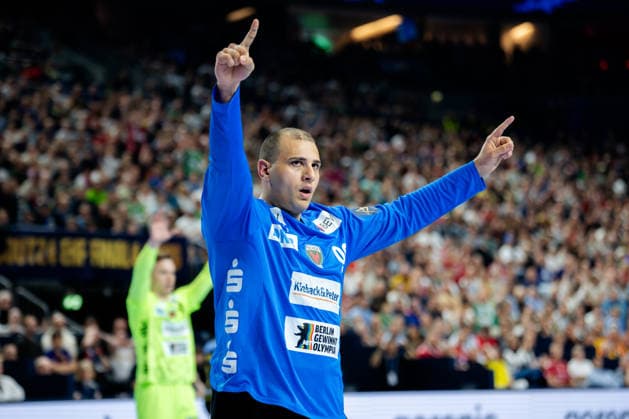 Cologne, 12 05 2026, Handball, Men, EHF Champions League Men 2025 26, Semi-final, SC Magedeburg Füchse Berlin Dejan Milosavljev Füchse Berlin, 96 cheers after a save