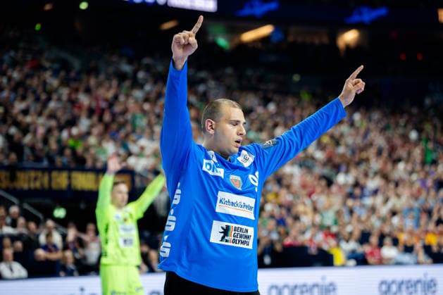 Cologne, 12 05 2026, Handball, Men, EHF Champions League Men 2025 26, Semi-final, SC Magedeburg Füchse Berlin Dejan Milosavljev Füchse Berlin, 96 cheers after a save