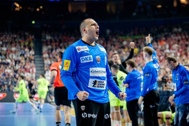 Cologne, 12 05 2026, Handball, Men, EHF Champions League Men 2025 26, Semi-final, SC Magedeburg Füchse Berlin Dejan Milosavljev Füchse Berlin, 96 cheers after a save