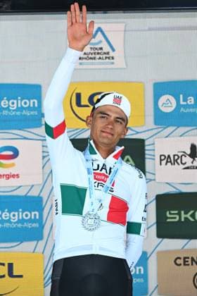 Tour Auvergne - Rhone-Alpes 2026 Stage 7 GRAND COLOMBIER, FRANCE - JUNE 13 : Del Toro Isaac (MEX) of UAE Team Emirates XRG during the poduim ceremony of stage 7 of the 78th edition of Tour Auvergne - Rhone-Alpes an UCI World Tour 2.UWT cycling road race stage for Men Elite of 133.6 km with start in La Bridoire and finish in Grand Colombier on June 13, 2026 in Grand Colombier, France, 13 06 2026 ( Motordriver Guy De Vuyst - Grand Colombier France  Copyright: xVincentxKalutx