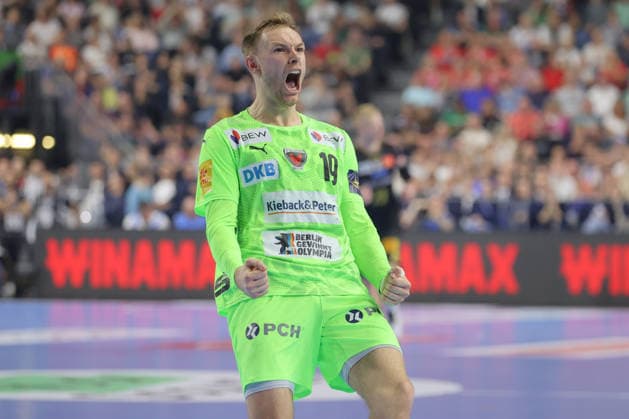 13 06 2026, xtgx, handball, EHF Champions League semi-final, SC Magdeburg Füchse Berlin v l Mathias Gidsel Berlin, 19 jubilation, goal celebration, celebrate the goal, celebration Koeln