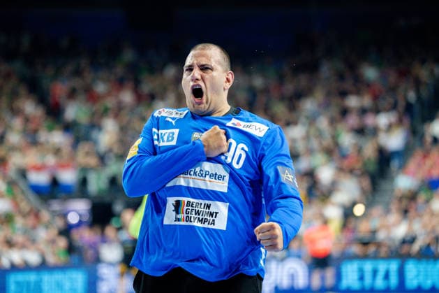 Cologne, 12 05 2026, Handball, Men, EHF Champions League Men 2025 26, Semi-final, SC Magedeburg Füchse Berlin Dejan Milosavljev Füchse Berlin, 96 cheers after a save