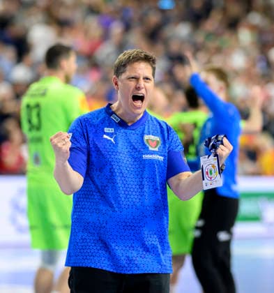 Final cheer coach Nicolej Krickau B semi-final SC Magdeburg MD vs Füchse Berlin, on 13 06 2026 Men Handball EHF Champions League Final4 2026, from 13 06 14 06 2026 in Cologne Germany Lanxess Arena