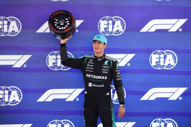 F1 - BARCELONA-CATALUNYA GRAND PRIX 2026 RUSSELL George (gbr), Mercedes AMG F1 Team W17, portrait celebrate his pole position during the Formula 1 Barcelona-Catalunya Grand Prix 2026, 7th round of the 2026 Formula One World Championship, WM, Weltmeisterschaft from June 12 to 14, 2026 on the Circuit de Barcelona-Catalunya, in Montmelo, Spain - MontmeloSpain  Copyright: xDPPIx