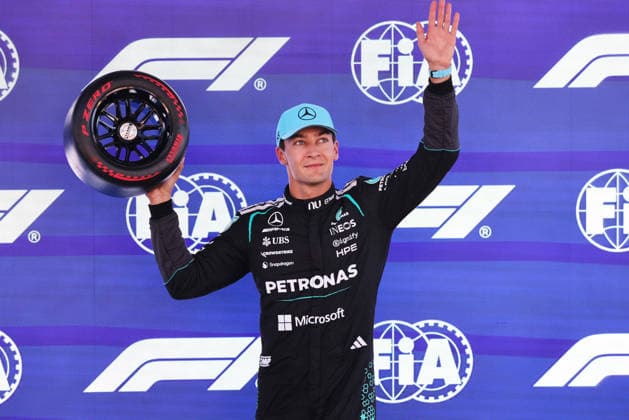 F1 - BARCELONA-CATALUNYA GRAND PRIX 2026 RUSSELL George (gbr), Mercedes AMG F1 Team W17, portrait celebrate his pole position during the Formula 1 Barcelona-Catalunya Grand Prix 2026, 7th round of the 2026 Formula One World Championship, WM, Weltmeisterschaft from June 12 to 14, 2026 on the Circuit de Barcelona-Catalunya, in Montmelo, Spain - MontmeloSpain  Copyright: xDPPIx