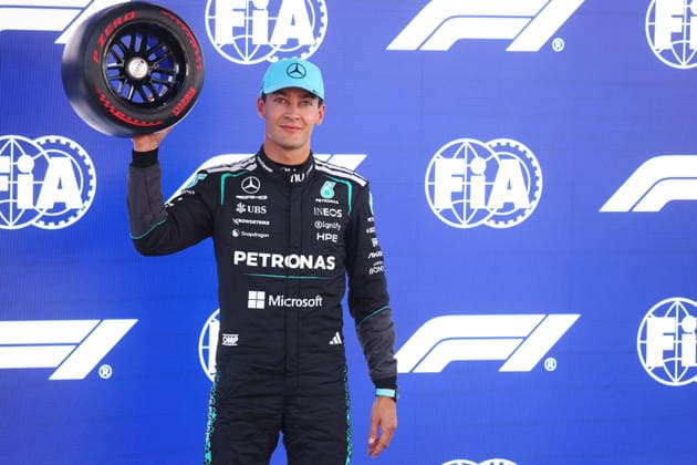 F1 Gran Prix of Catalunya George Russell of Mercedes-AMG F1 Team celebrates in parc ferme during qualifying for the F1 Grand Prix of Catalunya at Montemelo Circuit on June 13, 2026 in Montemelo, Spain. Barcelona Montemelo Spain Copyright: xMarcoxCanonierox