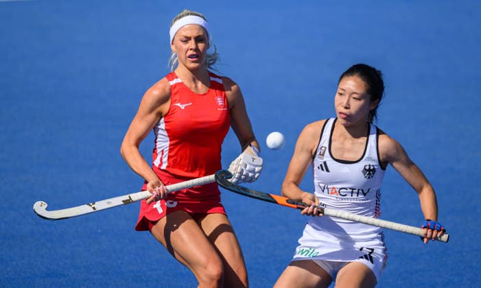 England Women v Germany Women Women s FIH Pro League Amy Thompson of England Women and Yani Zhong of Germany Women during the Women s FIH Pro League match at Lee Valley Hockey Tennis Centre, Stratford 13 06 2026 UK Newspapers OUT Copyright: xGraemexWilcocksonx FIL-23552-0006