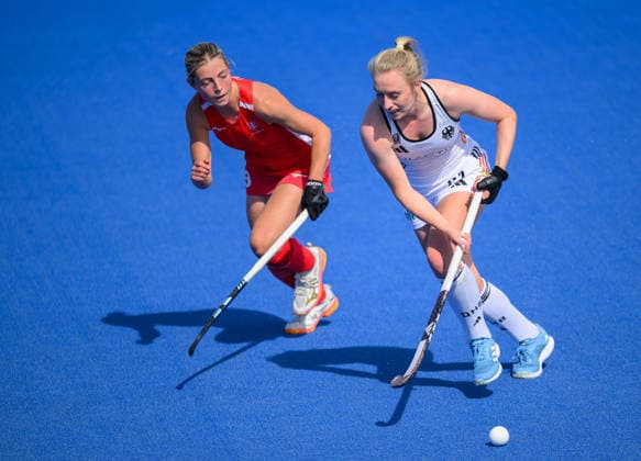 England Women v Germany Women Women s FIH Pro League Katie Curtis of England Women and Stine Kurz of Germany Women during the Women s FIH Pro League match at Lee Valley Hockey Tennis Centre, Stratford 13 06 2026 UK Newspapers OUT Copyright: xGraemexWilcocksonx FIL-23552-0008