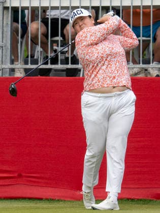 MIDLAND, MI - JUNE 13: Angel Yin tee™s off the first tee box during round three of the LPGA, Golf Damen Dow Championship on June 13, 2026, at Midland Country Club in Midland, Michigan. (Photo by Joseph Weiser Icon Sportswire) GOLF: JUN 13 LPGA Dow Championship EDITORIAL USE ONLY Icon2606130083