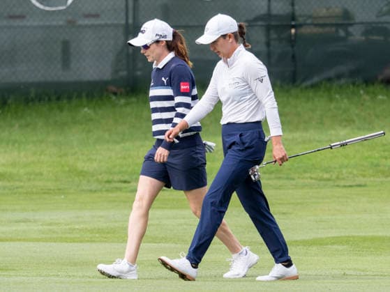 MIDLAND, MI - JUNE 13: Teammates Leona Maguire and Lindy Duncan walk together during round three of the LPGA, Golf Damen Dow Championship on June 13, 2026, at Midland Country Club in Midland, Michigan. (Photo by Joseph Weiser Icon Sportswire) GOLF: JUN 13 LPGA Dow Championship EDITORIAL USE ONLY Icon2606130133