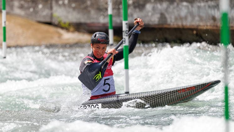 Andrea Herzog GER at ICF CANOE SLALOM WORLD CUP, Canoeing, Women, Canoe, 2026, on 13 06 2026 in Augsburg, Eiskanal Bayern Germany