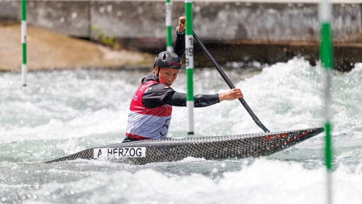 Andrea Herzog GER at ICF CANOE SLALOM WORLD CUP, Canoeing, Women, Canoe, 2026, on 13 06 2026 in Augsburg, Eiskanal Bayern Germany
