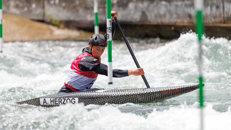 Andrea Herzog GER at ICF CANOE SLALOM WORLD CUP, Canoeing, Women, Canoe, 2026, on 13 06 2026 in Augsburg, Eiskanal Bayern Germany