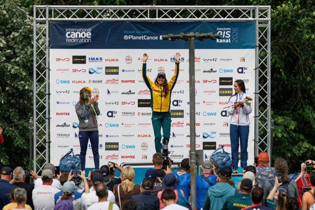 Martina Satkova CZE , Nuria Vilarrubla ESP Jessica Fox AUS at ICF CANOE SLALOM WORLD CUP, Canoeing, Women, Canoe, 2026, on 13 06 2026 in Augsburg, Eiskanal Bayern Germany