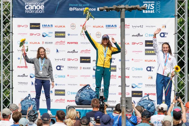 Martina Satkova CZE , Nuria Vilarrubla ESP Jessica Fox AUS at ICF CANOE SLALOM WORLD CUP, Canoeing, Women, Canoe, 2026, on 13 06 2026 in Augsburg, Eiskanal Bayern Germany