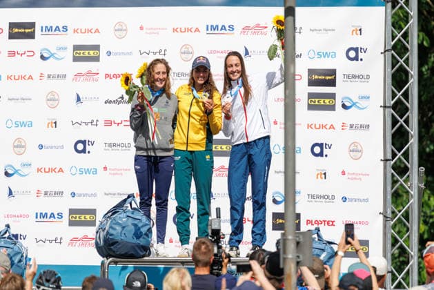 Martina Satkova CZE , Nuria Vilarrubla ESP Jessica Fox AUS at ICF CANOE SLALOM WORLD CUP, Canoeing, Women, Canoe, 2026, on 13 06 2026 in Augsburg, Eiskanal Bayern Germany