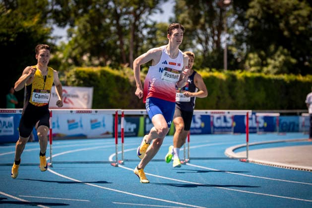 MANNHEIM, GERMANY - JUNE 13, 2026 : Jonas Mæland Rosholt (NOR Norway) competing in the men’s U20 400m hurdles during the Juniorengala 2026 at Michael-Hoffmann-Stadion on June 13, 2026 in Mannheim, Germany. Baden-Wuerttemberg Germany Copyright: xAxelxKohringx