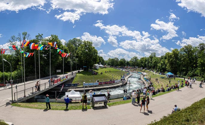 The Augsburg Ice Canal, overview, view to the south, panorama ICF Canoe Slalom World Cup 2026 Augsburg Ice Canal
