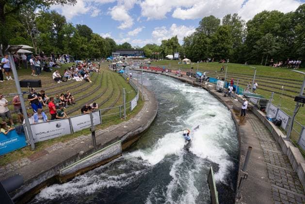 The Augsburg Ice Canal, overview, looking north ICF Canoe Slalom World Cup 2026 Augsburg Ice Canal