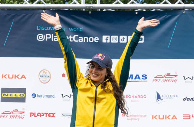 Jessica Fox, Australia, winner canoe single, C1, award ceremony ICF Canoe Slalom World Cup 2026 Eiskanal Augsburg