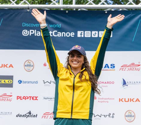 Jessica Fox, Australia, winner canoe single, C1, award ceremony ICF Canoe Slalom World Cup 2026 Eiskanal Augsburg