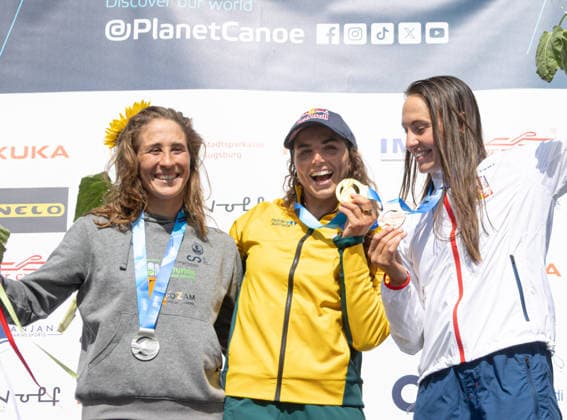 Award ceremony Single Canoe Women, from left Nuria Vilarrubla ESP, Spain, silver , Jessica Fox, AUS, Australia, winner , Martina Satkova CZE, Czechoslovakia, bronze , ICF Canoe Slalom World Cup 2026 Eiskanal Augsburg