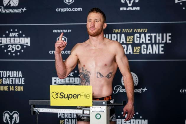 UFC Freedom 250 official weigh-ins UFC Lightweight Champion Justin Gaethje poses during the UFC Freedom 250 official weigh-ins in Washington, DC, USA, 13 June 2026. The martial arts bouts are scheduled to take place on the South Lawn of the White House on 14 June. WASHINGTON DC UNITED STATES  Copyright: xJIMxLOxSCALZOx xPOOLx