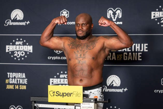 UFC Heavyweight fighter Derrick Lewis poses during the UFC Freedom 250 official weigh-ins in Washington, DC, on Saturday, June 13, 2026. The martial arts bouts are scheduled to take place on the South Lawn of the White House on June 14.  WAX20260613911 JIMxLOxSCALZO