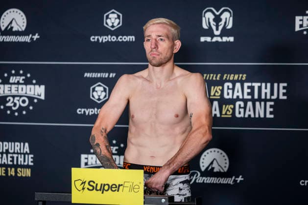UFC Middleweight fighter Kyle Daukaus poses during the UFC Freedom 250 official weigh-ins in Washington, DC, on Saturday, June 13, 2026. The martial arts bouts are scheduled to take place on the South Lawn of the White House on June 14.  WAX20260613917 JIMxLOxSCALZO