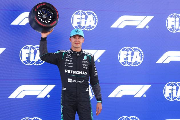 F1 Gran Prix of Spain George Russell of Mercedes-AMG F1 Team celebrates in parc ferme at the end of qualifying for the F1 Grand Prix of Catalunya at Montemelo Circuit on June 13, 2026 in Barcelona, Spain. Barcelona Circuit de Catalunya Spain Copyright: xMarcoxCanonierox