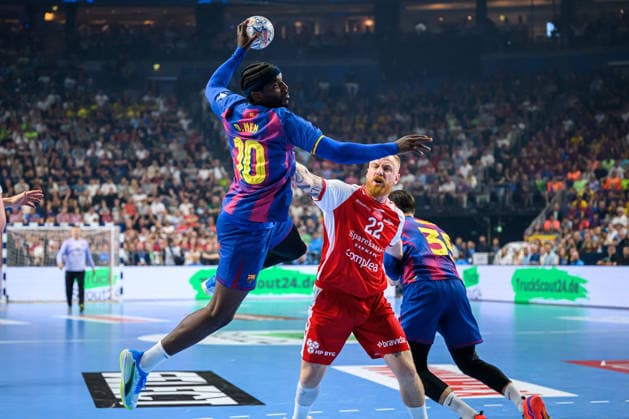 Cologne, Germany Handball EHF CL Final 4 Semifinal Aalborg Handbold Barca Dika Mem Barcelona , Rene Antonsen Aalborg Cologne Lanxess Arena Nordrhein Westfalen Germany
